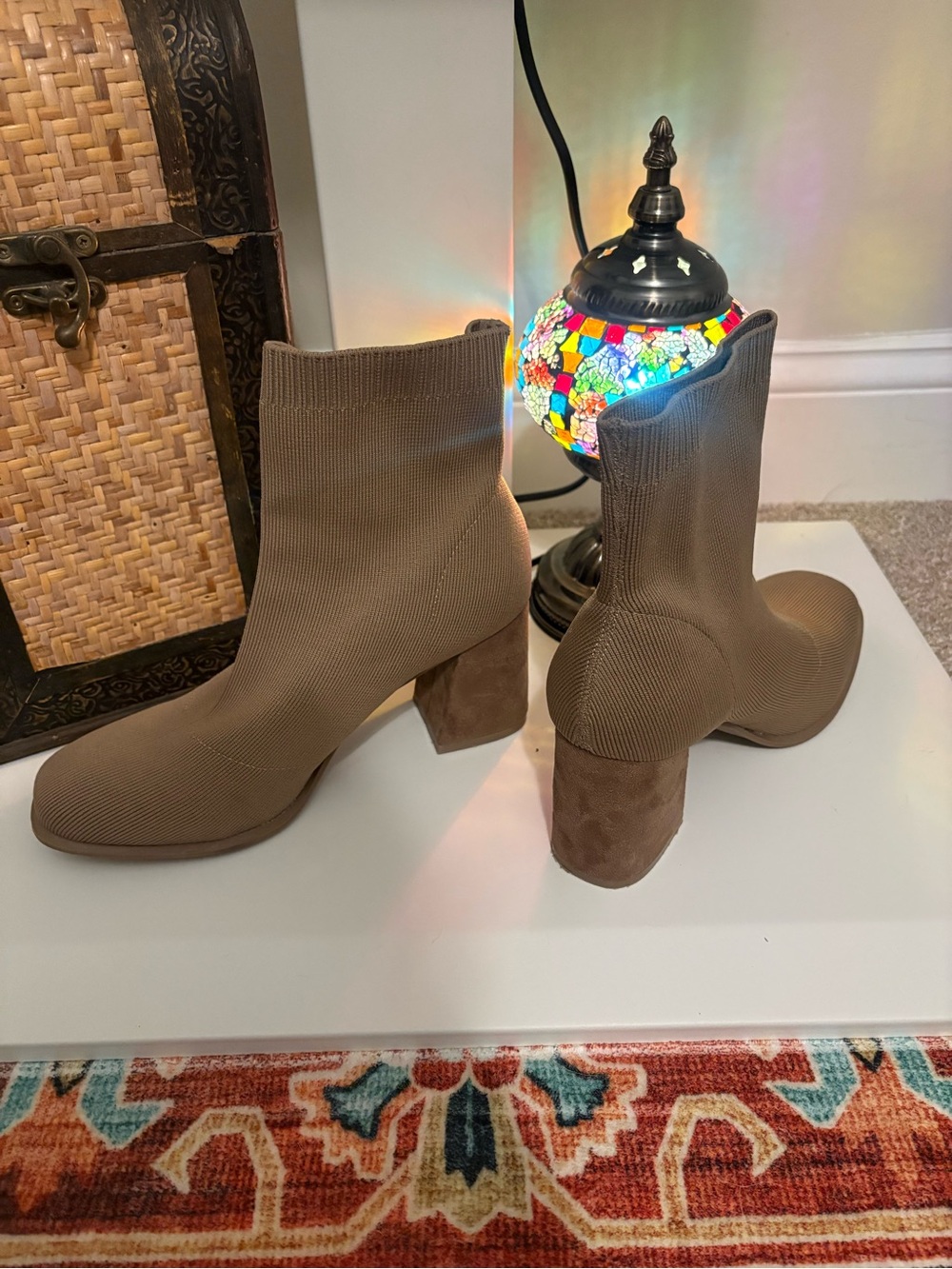 MIA Taupe Stretch Knit Ankle Booties with Block Heel
